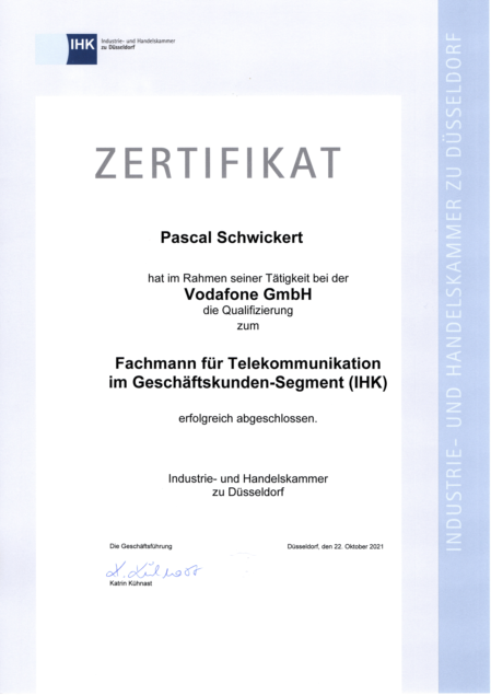 Zertifikat Fachmann für Telekommunikation IHK