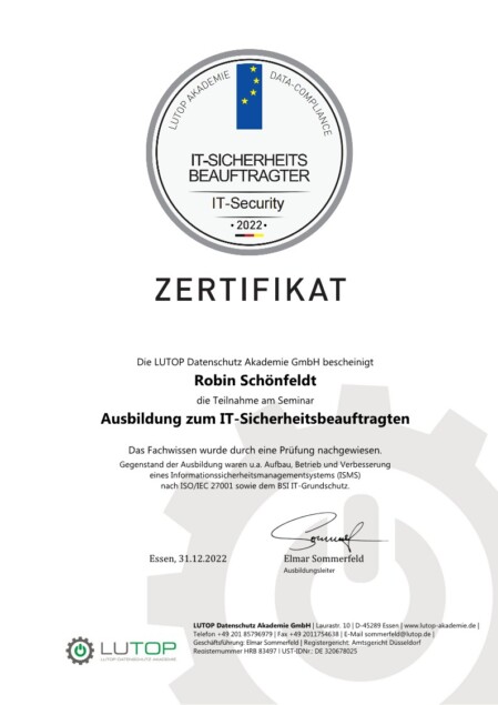 Zertifikat IT-Sicherheitsbeauftragten Robin Schönfeldt
