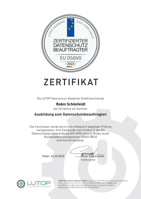 Zertifikat Datenschutzbeauftragter Robin Schönfeldt